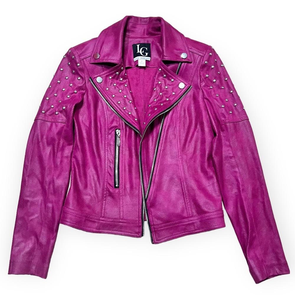 Lena Gabrielle Pink Faux Suede Studded Moto Jacket